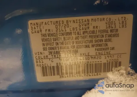 2020 Nissan Sentra Sv Xtronic Cvt z USA, uszkodzony, nr VIN 3N1AB8CV8LY261684